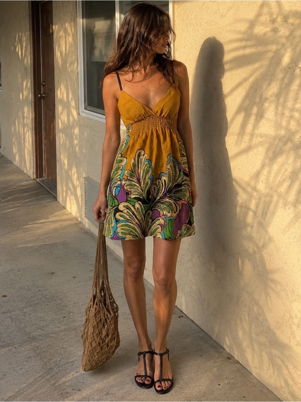 Janice Tropical Print Smocked Mini Dress Size M